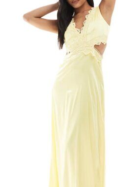 Bridesmaid Wedding Guest Maxi Dress with scalloped lace detail in lemon yellow